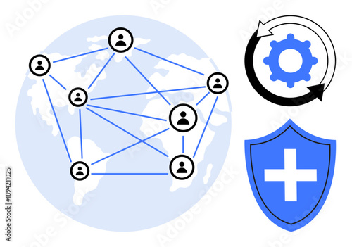 Telecommunication, global safety, healthcare systems, teamwork, worldwide collaboration, process optimization. Connected people over a world map, a shield with medical cross, gear icon
