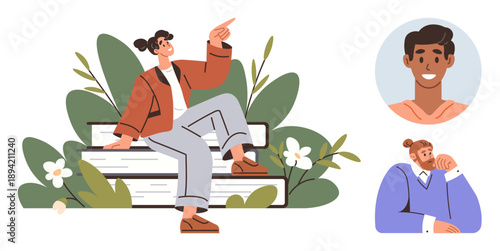 Social interaction, teamwork, self-expression, diversity, relaxation, creative thinking. A woman sitting on a bench pointing, two individuals in portraits. Social interaction and teamwork concepts