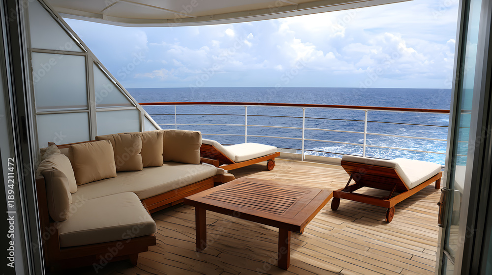 Fototapeta premium Balcony view over ocean with seating area and cloudy sky in daytime near coastline
