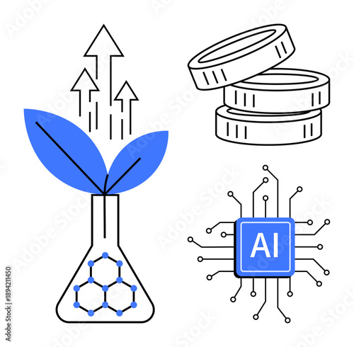 Innovation, sustainability, eco-technology, financial growth, AI advancements, digital economy. A plant in a flask, stack of coins and AI microchip. Sustainability and eco-technology concepts