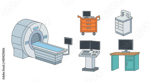 Medical equipment illustration featuring an mri machine and various diagnostic tools