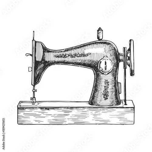 Vintage sewing machine vector sketch. Hand-drawn retro atelier equipment.Ink style illustration of tailor accessory for needlework.