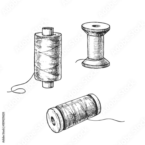 Sewing thread spools vector sketch. Hand-drawn textile bobbins for needlework. Vintage ink illustration of craft supplies. 