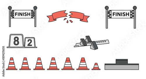 Racing elements including finish lines a broken ribbon and track obstacles