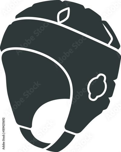 Professional black silhouette vector of a protective rugby scrum cap or wrestling headgear. High-quality flat design perfect for contact sports branding, team safety equipment logos, and athlete gear.