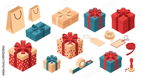 Isometric view of colorful gift boxes bags ribbons and festive elements