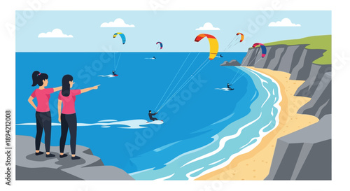 People watching colorful paragliders soar over a blue ocean and sandy beach