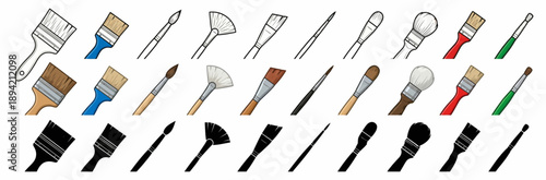 Artistic Tools Display, Paintbrushes, Creative Studio, Illustration, Vibrant Colors, Top-Down View, Artistic Expression