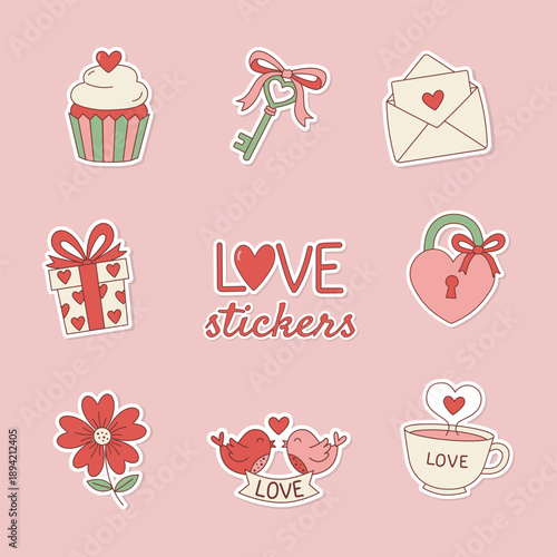 Set of cute Valentine's Day stickers featuring a cupcake, key, love letter, gift box, heart lock, flower, birds, tea cup. Perfect for romantic greeting cards, creative crafts and scrapbooking