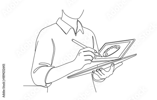 Minimalist line art of artist using digital tablet for creative design