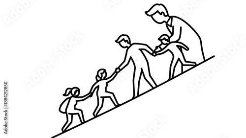 A minimalist line drawing of four people helping each other up an incline with a simple, monochromatic style and a sense of teamwork and support.