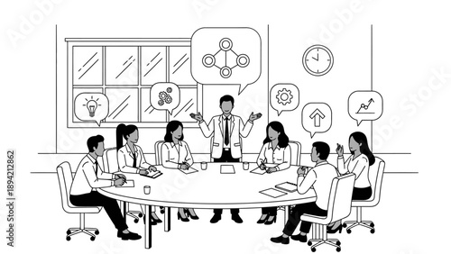 Black and white illustration of a diverse business team collaborating around a large conference table with a presenter gesturing in a modern office setting with various graphics on the wall.