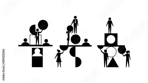 Black and white flat lay illustration of people balancing on scales with geometric shapes on a plain white background.