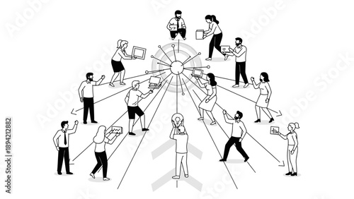 Black and white illustration of a central figure surrounded by multiple people pulling on strings attached to their arms in a circular pattern with a minimalist style.
