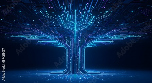 Glowing blue and purple digital tree circuit board network technology computer