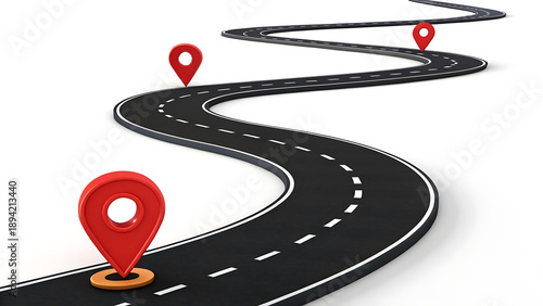 A winding road with multiple red location markers on a white background for navigation and direction