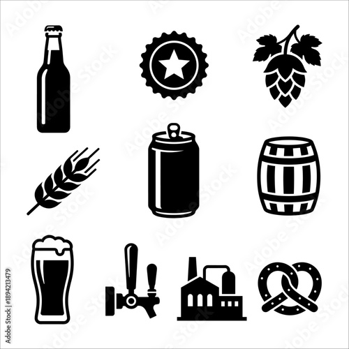 Beer Brewing and Brewery Icon Set featuring Craft Beer Bottle Can Glass Hops Wheat Barrel Tap and Pretzel Silhouettes for Bar Menu and Pub Branding
