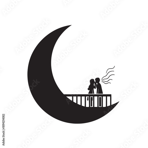 Couple Kissing on Crescent Moon Bridge in Minimalist Silhouette with Soft Black and White Illustration for Romantic Greeting Card