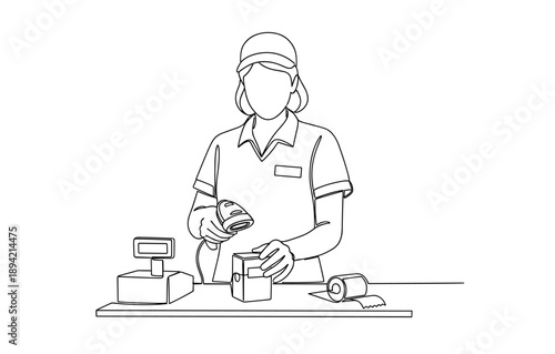 Cashier scanning products at checkout counter in minimalist line art style