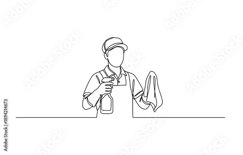 Continuous line art of cleaner with spray bottle and cloth in minimalist style