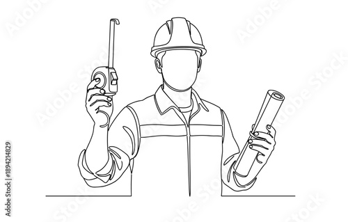 Minimalist line art of construction worker with hard hat holding blueprint and tape measure