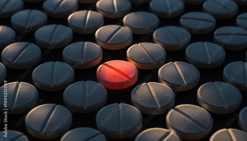 Obraz premium Singular Red Pill Glowing Among Uniform White Tablets: Concept of Unique Treatment, Crisis, or Breakthrough Drug Develop