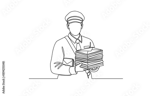 Minimalist line art of mail carrier holding letters and documents