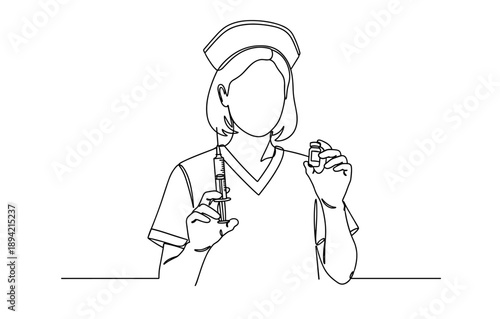 Minimalist outline of nurse preparing injection in uniform