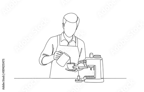 Barista making coffee with espresso machine in linear style