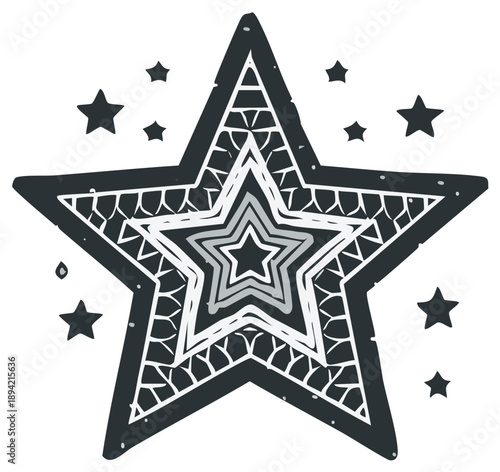 Stylized star design with decorative patterns and surrounding stars, vector illustration