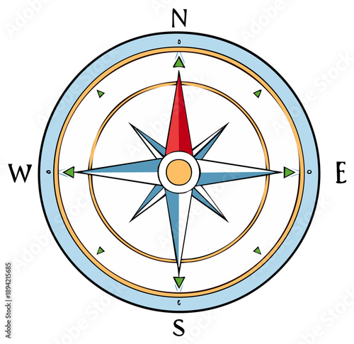 Stylized Compass Rose with Cardinal Directions and Red Needle