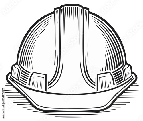 Engraved construction hard hat illustration shows safety equipment and protective gear for the job site. Icon, design, and symbol.