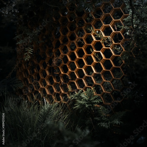 Wooden Hexagon Structure in a Dark Forest Setting During Daytime