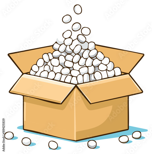 Cardboard Box Overflowing with White Polystyrene Packing Peanuts Loose Fill Falling Packaging Material