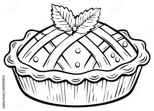 Black and white line art illustration of a homemade pie with a lattice crust and mint garnish