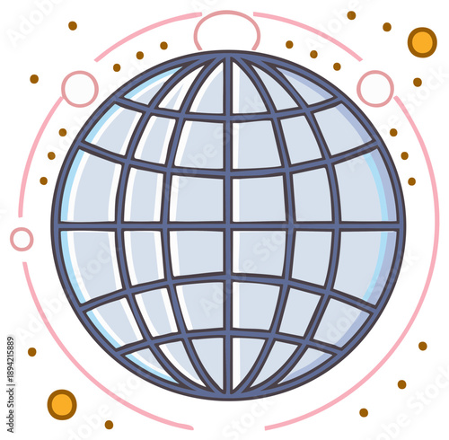 Digital Network Globe Graphic with Satellite Orbits and Brown Dots