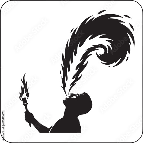 Man Blowing Fire in Silhouette with Dramatic Flames in Black and White Illustration for Entertainment