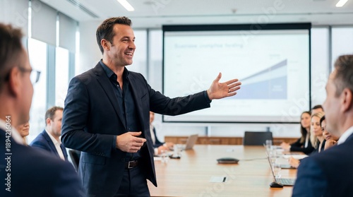 Successful businessman giving presentation in modern conference room. Confident corporate executive pointing at chart on screen. Professional manager meeting. Leadership success concept. Speaker.