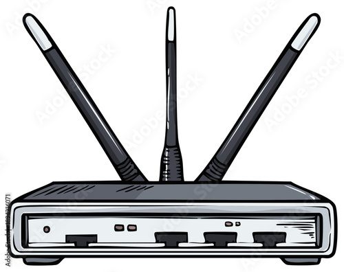 Illustrated wireless internet router with three antennas for network signal and connectivity