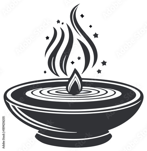 Mystical Fiery Bowl with Ripples and Stars Emanating Light