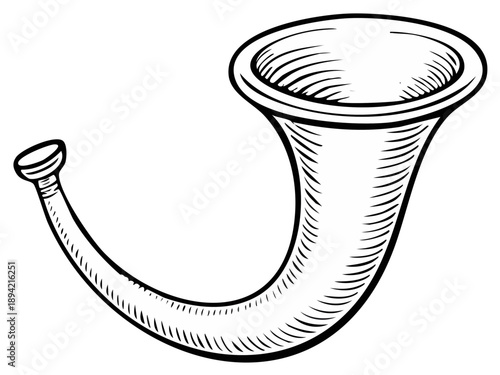Engraved horn drawing musical instrument in black and white tone isolated
