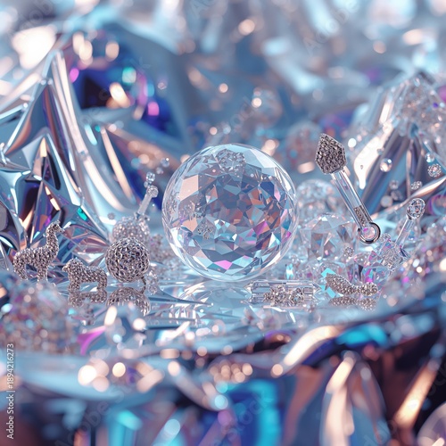Shiny Crystal Objects on Colorful Foil Background in an Artistic Arrangement