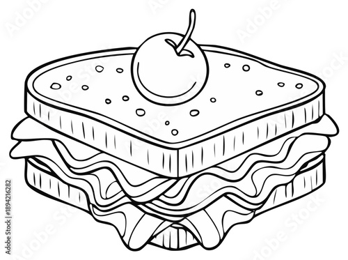 Delicious Sandwich with Cherry Topping Black and White Illustration Food Art