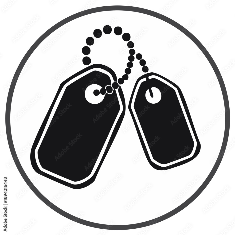 Fototapeta premium Black and white icon of military dog tags on a chain within a circular frame.