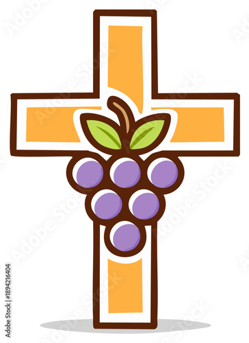 Christian Cross with Bunch of Grapes and Leaves Religious Symbol