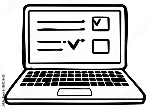 Online form checklist on a laptop screen, black and white vector illustration for technology concept, surveys, tests, choices.