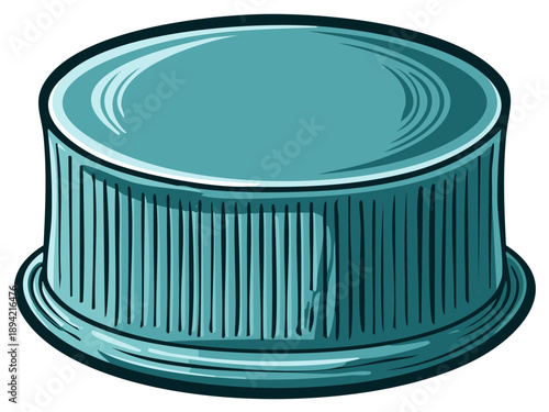 Stylized Teal Lid Illustration:  Round Top, Fluted Sides and Circular Base for Containers