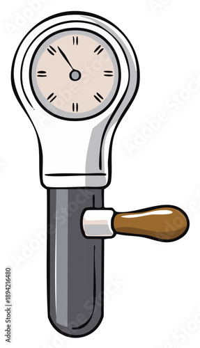 Retro style coffee brewing portafilter with pressure meter and handle illustration