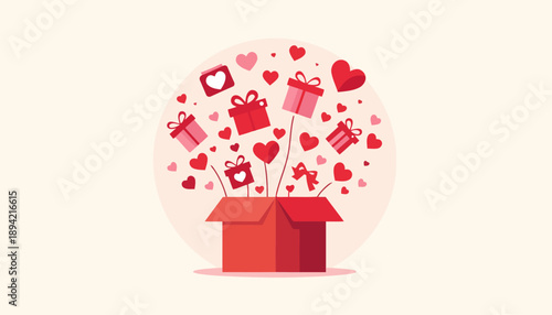 A red gift box overflowing with hearts and valentine gifts in a festive illustration