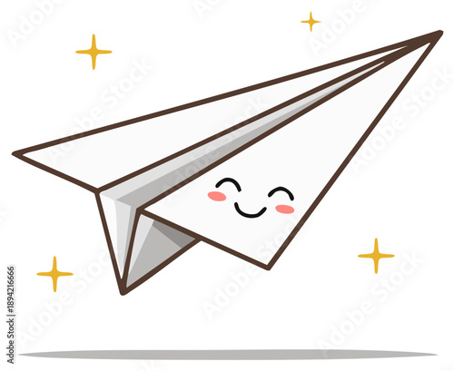 Smiling Paper Airplane Character Flying with Stars Illustration